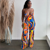 Sleeveless Casual Print Halter Strap Backless Fitted Jumpsuit