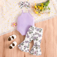 Baby Girl Sling Romper Bell-bottom Pants Hair Band 3-piece Set