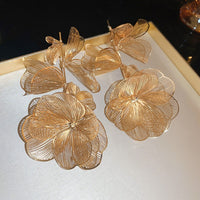 Vintage Flower Tassel Metallic Stud Earrings, Luxury Elegant Ear Jewelry