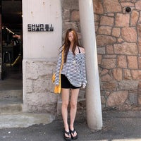 Womens Sun-Protective Blouse Summer Outfit Long-Sleeve T-Shirt Womens Loose Striped Off-Shoulder Top