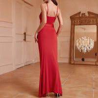 Red Sequined Spliced Strap Split Maxi Dress Gown