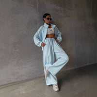 Casual Sports Suit Cardigan Wide Leg Sweatpants For Women