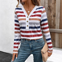 Fashion Women's Wear Color Striped Fastener Decoration V-neck Long Sleeve