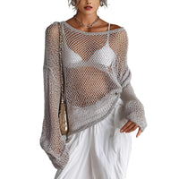 Long-sleeve Sexy Hollow-out Beach Cover-up Sheer Versatile Knit Top