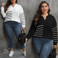 Pullover Plus Size Women's Color Contrast Patchwork Striped Polo Collar Sweater