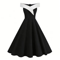 Womens Retro Off-the-Shoulder Sleeveless Contrast-Color Formal Dress