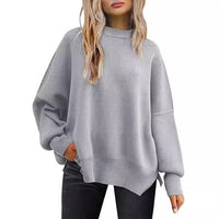 Thick Needle Side Slit Sweater Round Neck Loose Solid Color Batwing Long Sleeve Sweater For Women