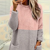 Women's Warm Round-Neck Colorblock Pocket Pullover
