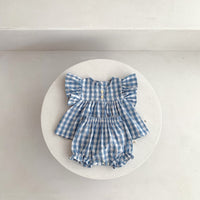Cotton Thin Plaid Short Sleeve Shorts Suit Girls