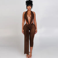 Solid-Color Sexy Chic Sleeveless Halterneck Backless Bodycon Jumpsuit
