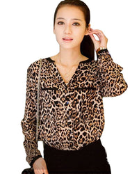 Casual Chiffon Shirt Women's Leopard Print Pattern Anti-DDoS Stand Collar Shirt