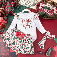 Girls' Baby Christmas Long-sleeve Jumpsuit Full Printed Headband Skirt Three-piece Set