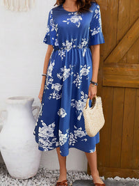 Fashionable Cinched Waist Round Neck Short-sleeve Printed Dress
