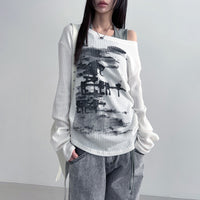 Personalized Distressed Print Diagonal Collar Loose Long-sleeve Women's Top