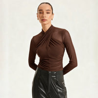 New Round-neck Cross-perspective Mesh Shirred Spliced Top