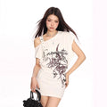 Graffiti Slant-Neck Off-Shoulder Short-Sleeve T-Shirt Women's