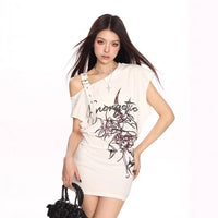 Graffiti Slant-Neck Off-Shoulder Short-Sleeve T-Shirt Women's