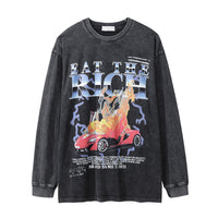 Flame Car Printing Long Sleeve European And American Fashion Brand Washed And Worn Round Neck Bottoming Shirt