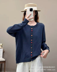 Women's Cotton Knitted Cardigan With Color Buckle Fashion Loose