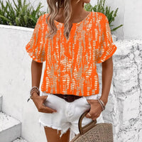 Women's V-Neck Loose Fit Printed Short Sleeve Shirt - Casual European American Style Top