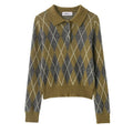 Women's Notched Lapel Long-sleeve Buttoned Diamond-patterned Knitted Sweater