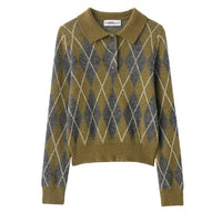 Women's Notched Lapel Long-sleeve Buttoned Diamond-patterned Knitted Sweater