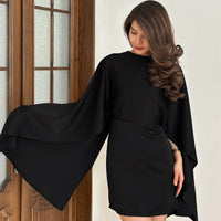 High-neck Cloak-style Lace-up Asymmetrical Long-sleeve Waist-cinching Dress For Women