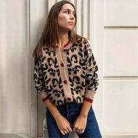 Retro Contrast Color Leopard Print Cardigan Round Neck Sweater