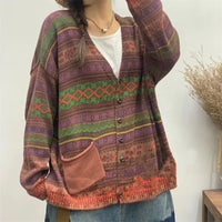 Striped Cotton Printed Pocket V-neck Sweater Cardigan