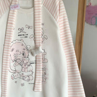 Sweet Girl Kitten  Striped Round Neck Fleece-lined Sweater