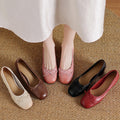 Women's Round Toe Shallow Mouth Gentle Bow Mid Heel Leather Shoes