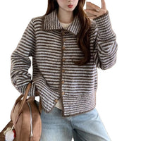 Gentle Simple Korean Style Polo Collar Stripes Long Sleeve Sweater