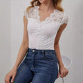V-neck Front-Button Lace-Patchwork Slimming T-Shirt Short-Sleeve Top Womens Apparel