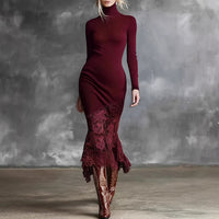 Turtleneck Knit Dress With A Lace Hema Sophisticated Mid-length Skirt