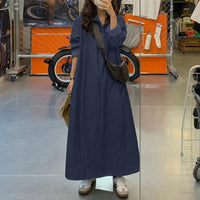 Solid-color Lapel Long-sleeve Button-front Loose-fitting Maxi Denim Dress