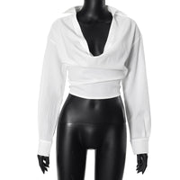 Solid Color Swing Collar Low Cut Navel Long Sleeve Casual Top