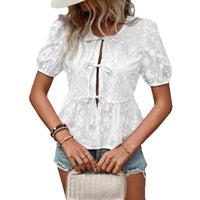 Solid Color Sweet Lace Puff Short Sleeve Shirt