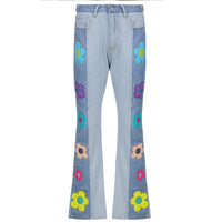 Patchwork Embroidery Design Contrast Flower Stitching Jeans