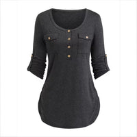 Solid Color Round Neck Long Sleeve Button Casual Beautiful Shirt Cute