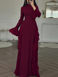 Elegant Casual High-Waisted Solid-Color Flare-Sleeve Dress