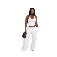 European And American Style Summer Solid Color Casual Halter Top And High-Waist Wide-Leg Pants With Pockets