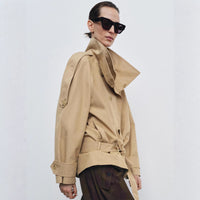 Double-breasted Belted Short Trench Coat With A Stand-up Collar