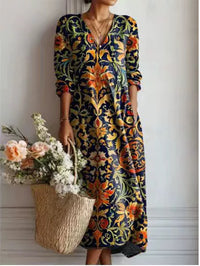 Womens Loose V-Neck Fashionable Long-Sleeve Printed Dress