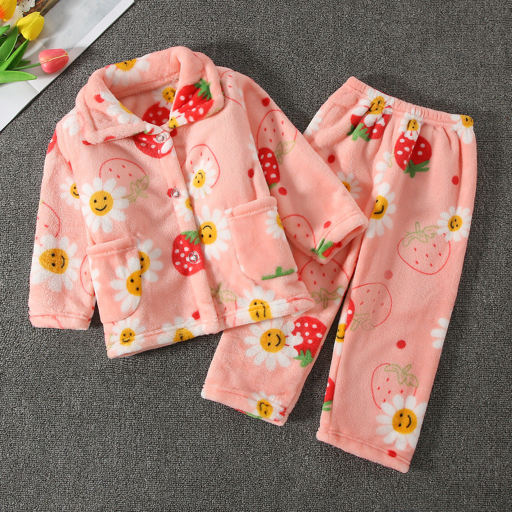 Spring And Autumn Boys' And Girls' Flannel Cute Kawaii Cartoon Animal Homewear