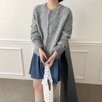 Metal Buckle Round Neck Knitted Cardigan Loose Casual