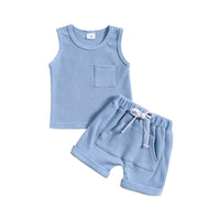 Children's Summer Korean Style Sleeveless Vest Waffle Solid Color Suit