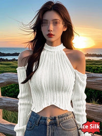 Halter Knitted Scheming Machine Off-the-shoulder Short Sweater