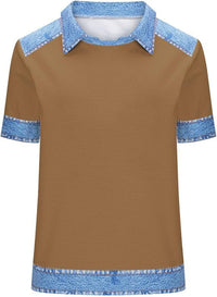 Denim Patchwork Crew Neck Short-sleeve Loose Casual Everyday Versatile