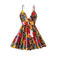 Printed Strap V Neck Hollow Out Backless Beach Dress