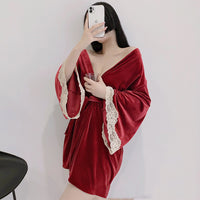 Golden Velvet Lace Suspender Skirt Autumn And Winter Nightdress Robe Suit